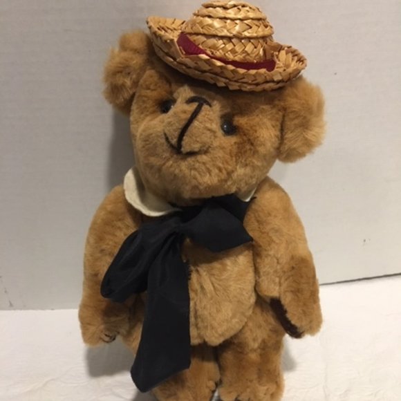 Vintage 1985 KENT Collectibles JOINTED TEDDY BEAR Straw Hat Black Neck Bow 10" - Picture 2 of 9